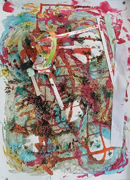 Atlantide, 2024, dipinto con inchiostri pigmenti ed acrilici con collage di strisce di carta di recupero su carta di Fabriano 45x60 cm