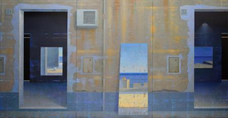 Labirinto, atelier 3, 2019-2020, olio su tela, trittico, cm 150x300