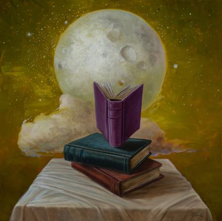 Letture alla luna, 2023, olio su tela 40x40 cm