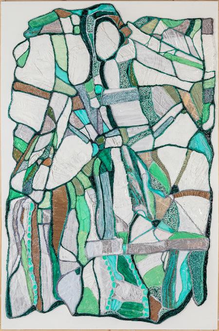 Serie Madonne Fiorentine  "Menica, la comare”, 2025, plastiche varie, cartone, carta, stoffe, papiro, filo metallico, smalti e acrilico in tecnica mista, su plastonda bianca 101,4 x 153,7 cm
