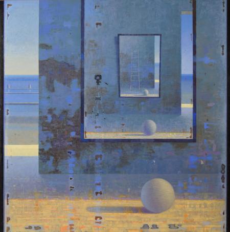 Spazio circolare, viaggio infinito, 2021, olio su tavola, cm 100x100