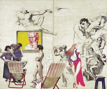 Intorno a Michelangelo, 1991, tempera, vinilici fluorescenti, collage e oggetti applicatosi su tavola, cm 300x366
