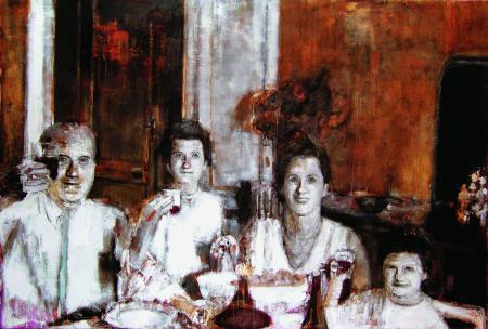 Cena a base di ravioloni alle seppie, 2003 olio su tela, cm 170x250.