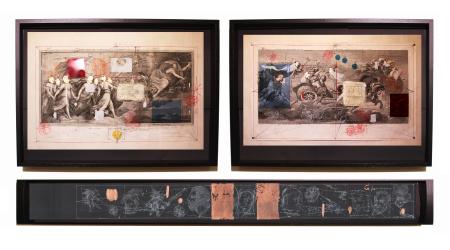 Aurora, 2018, matite, inchiostro, biacca, mylar e oro 24k, su incisioni originali del XVIII secolo, cm 70x100x12 ciascuna, e libro d'artista, cm 25x190