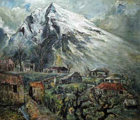 Villaggio sul fianco della montagna, 2024, olio su tela 74 x 64 cm