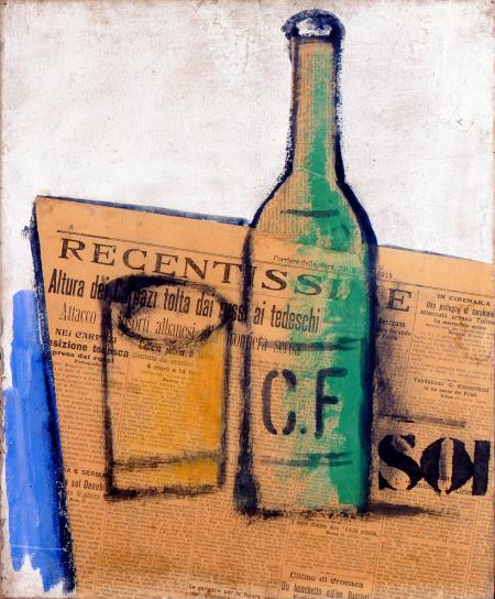 Bottiglia e bicchiere, 1915, tempera e collage su cartone