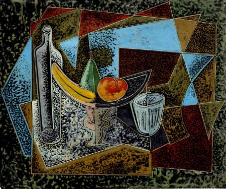 Natura morta - Frutta, 1935-38, encausto graffito su cartone gessato, cm 50x60