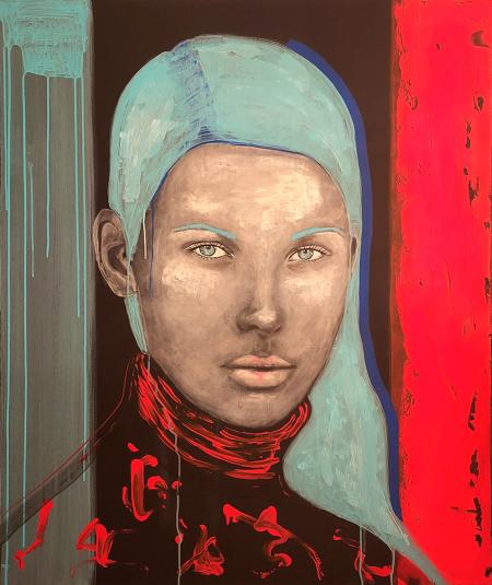 Celeste, 2023, tecnica mista paste materiche e acrilici su tela 100 x 120 cm