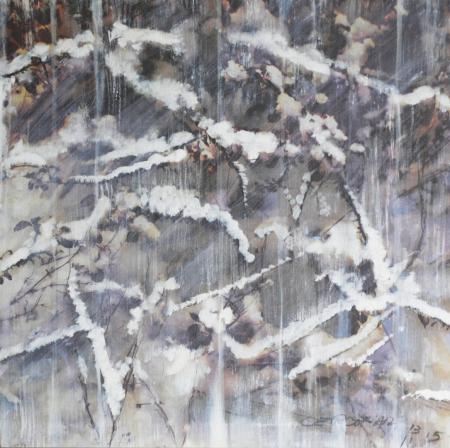 Il freddo degli alberi e neve, 2013-15, olio su impronta 70 x 70 cm