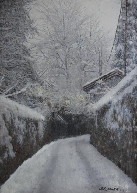 La neve di Angera, 2023, olio su impronta 70 x 100 cm