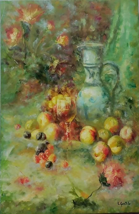 Fiori e frutta, 2024, olio su tela, 70 x 100 cm