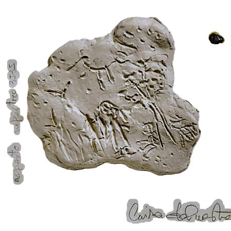 Reperto rupestre 3535, 2004, petroglipho su argilla bianca meteorite 25,5 x 25,5 cm