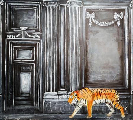 Tigre al castello di Rivoli, 2023, tecnica mista paste materiche e acrilici su tela 100 x 100 cm
