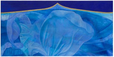 SOTTO I VELI, L’ESSENZA, 2021, olio su tela, lapislazzuli e oro zecchino 100 x 50 cm