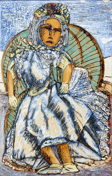 La bambola di mia figlia vestita di azzurro sulla poltrona di vimini. La bambola rotta., (2000), base 38,5 x 60 cm