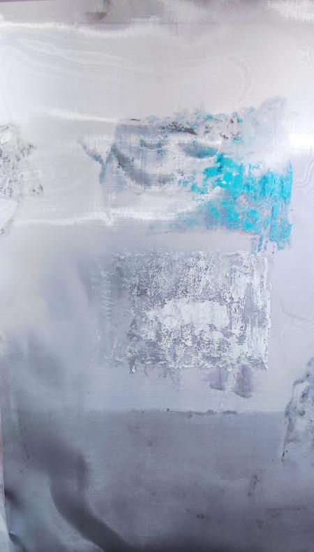 (ἀρχή) Archè, 2023, tela, acciaio, pigmenti, olio + acrilico, grafite 150 x 156 cm