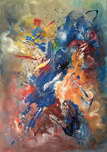 A new beginning, 2025, tecnica mista su tela 150x250 cm