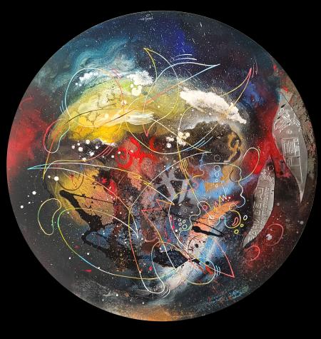 A new world to discover, 2023, tecnica mista su pannello di legno, Ø 120 cm