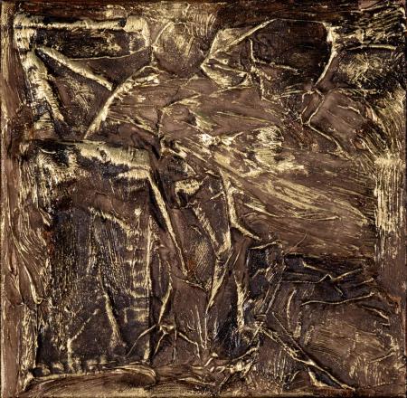 Abbagli, 2025, polimaterico su tela, olio, bitume, stoffe 30 x 30 cm