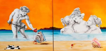 ARES VS KALOS, 2025, dittico olio e grafite su tela 160x80 cm