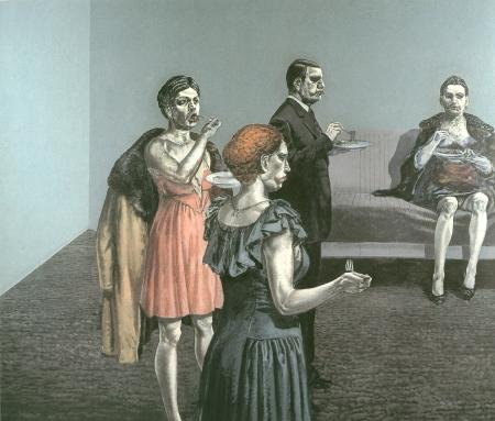 La Cena, Mangiano (Tre figure con donna seduta), 1976, Acrilico su tela, 180x210cm