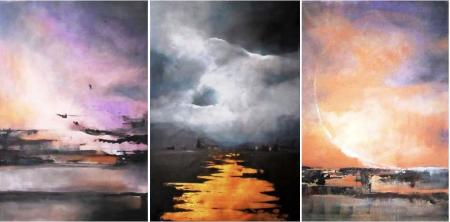 Atmosfera - Trittico Impulso -Riflessione - Memoria, 2017, tecnica mista su tela con foglia oro, 110x225 cm  (cad 110x75)