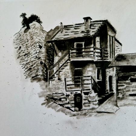 Borgo alto Piemonte, 2024, carboncino su carta 21x29 cm