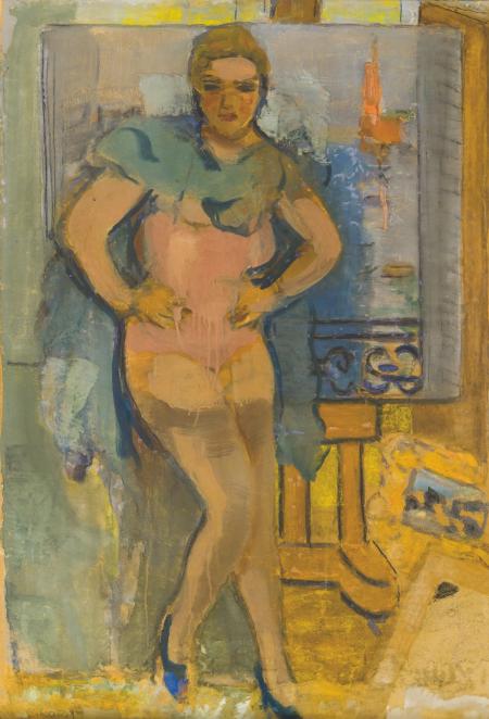 Figura in rosa, 1935 ca, tempera su carta applicata su cartoncino, cm 67x98