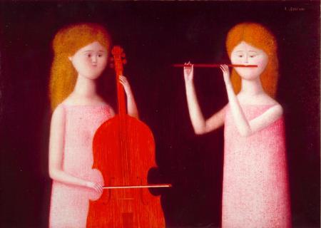 Concerto per flauto e violoncello, 1972, olio su faesite, cm 50x70