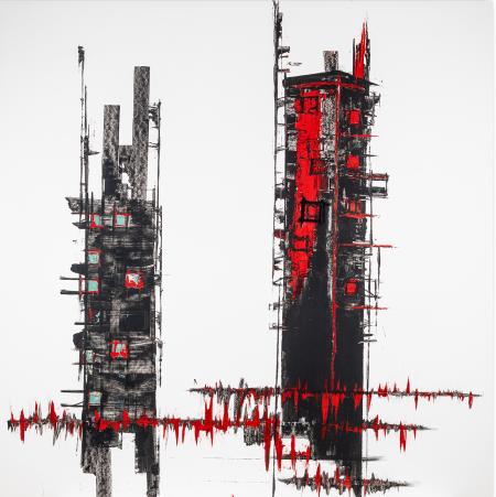 Costruzioni Contemporanee n°87, 2025, pittura con smalto, ossidi, legno 190 x 190 x 4 cm
