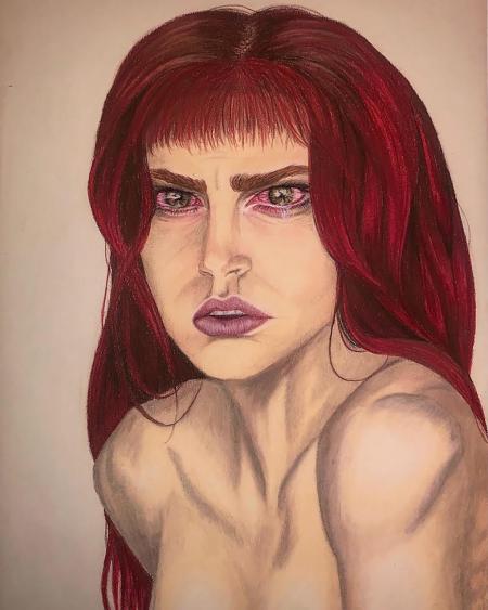 Bile rossa, 2020, matite pastello Caran d’Ache Genève, pastelli Schminke, matita sanguigna (schizzo base)  foglio ruvido per pastello “Zecchi”,  35 x 47,5 cm