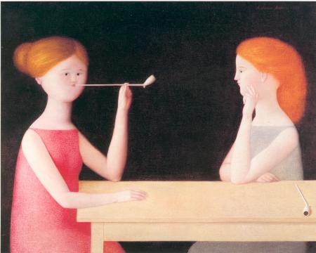 Donne al tavolo, 1983, olio su faesite, cm 60x75