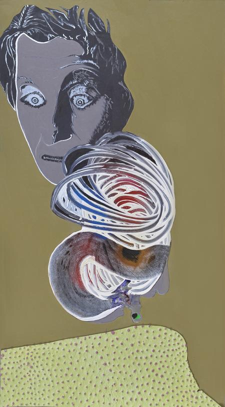Eternal deception, 2024, olio, smalto e pelle su pannello 54x100 cm