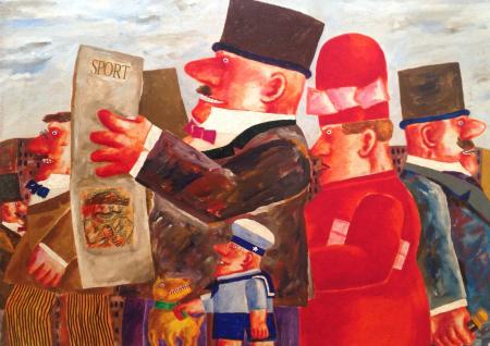 Le notizie sportive, dipinto su tela, cm 50x70, anni '90