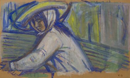 Figura, anni '50, tecnica mista su carta riportata su tela, cm 70x112