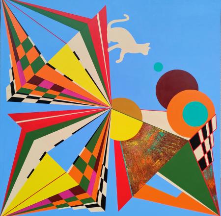 Filogenesi e percezione di acutezza felina/storia di un'amicizia, 2025, acrilico su tela, 100 x 100 cm