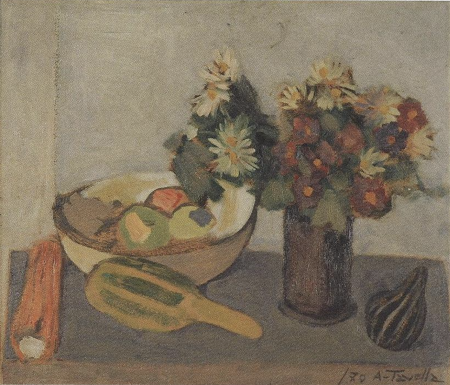fiore e zucche, 1970, olio su cartone, cm 50x60