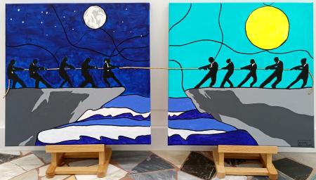 Il giorno contro la notte, 2024, acrilico su tela 40 x 80 cm