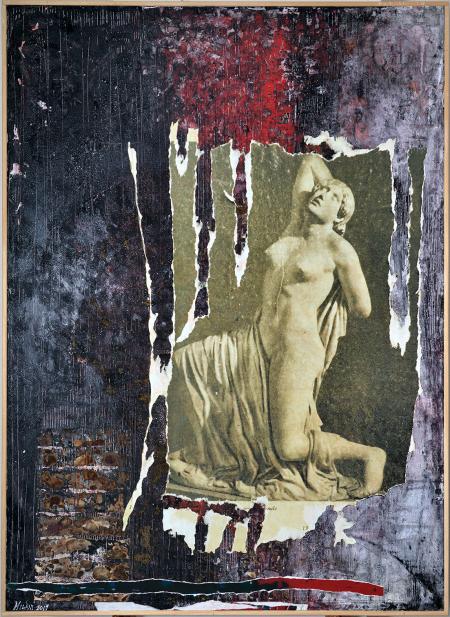 Frammenti, 2018-19, stampa su tela abrasa con acido su supporto ligneo e acrilici combusti 95x130 cm