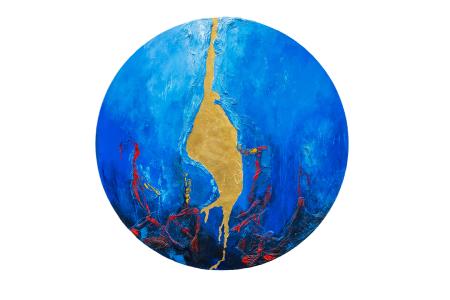 Vuelta a nostra Tierra, 2025, tecnica mista su tavola, foglia oro 23 kt, diametro 110 cm