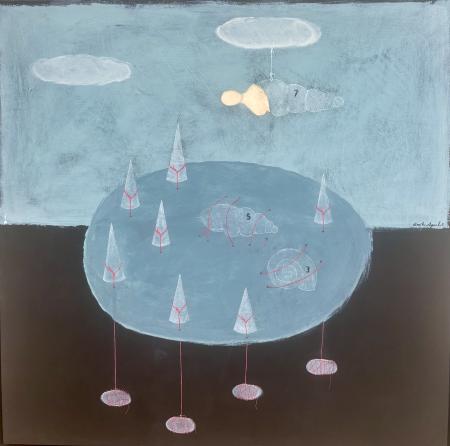 Il tempo corre in fretta, non preoccuparti dei due cavalli, 2024, acrilico su tavola di legno 70 x 70 cm