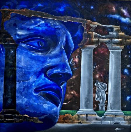 Il volto e la venere mutilata, tecnica mista su tela, 100x100 cm