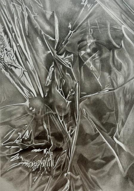 Behind (serie Wrapped 2 di 3), 2024, carboncino, matita e acrilico 29,7 x 42 cm