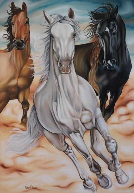 Pegaso Bucefalo e Marengo, 2023, olio su tela 70x100 cm