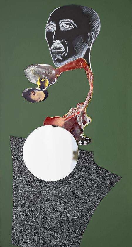 It is just a matter of being, 2024, olio, smalto, gesso, pelle e specchio su pannello 54x100 cm