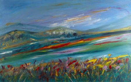 La fioritura, Castelluccio di Norcia, 2025, olio su tela 140x90 cm