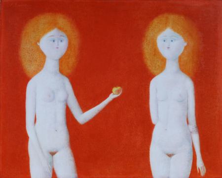 Le due Eve, 1973, olio su faesite, cm 40x50