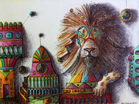 LEONE, acquarello, grafite, biro su carta apposita 24x18 cm