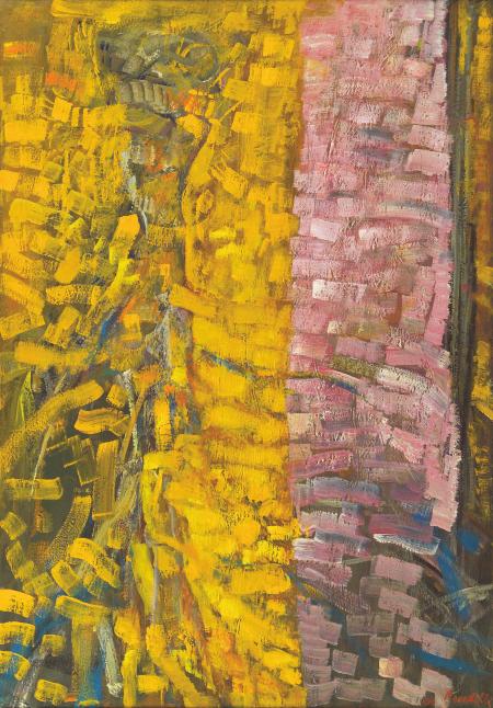Figura in giallo-rosa, 1972, acrilico su carta rintelata, cm 139,5x100
