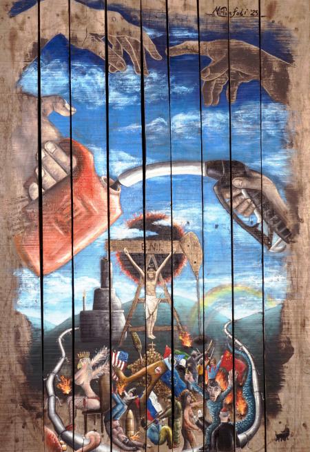 GolgoTax, 2023, olio, pirografo e parti metalliche su pallet di prodotti petroliferi 80 x 115 cm
